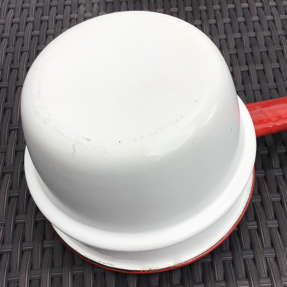 Vintage Enamelware Double Boiler White Red 3 Piece Set Farmhouse - Picture 7 of 15